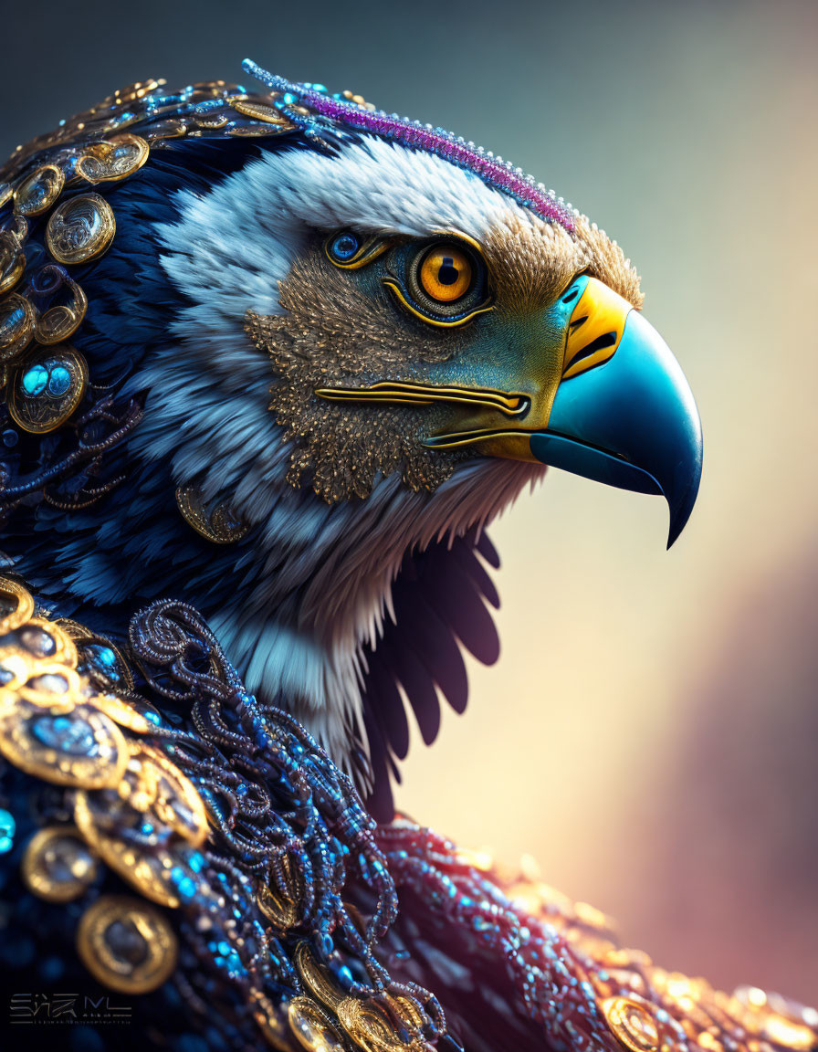 Detailed image: Majestic eagle with gold and blue plumage and jeweled headband