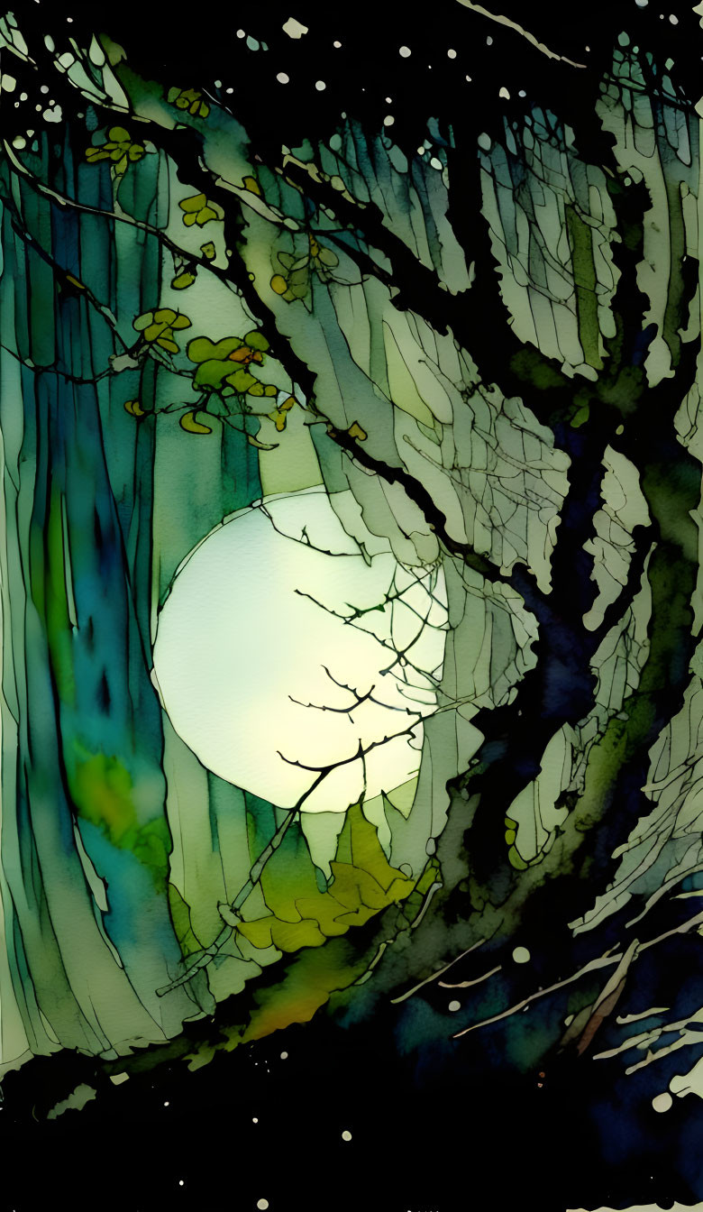 Moonlit forest illustration with large moon and green foliage