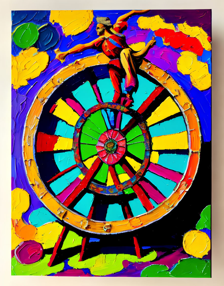 Colorful Figure Balancing on Vibrant Wheel in Textured Painting