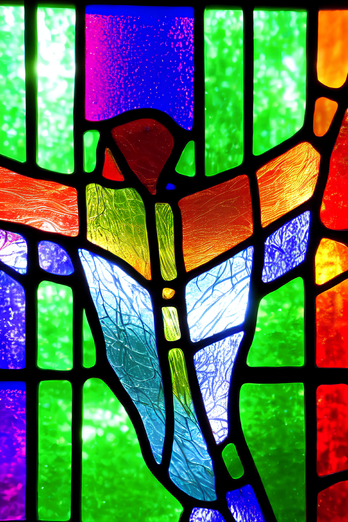 Colorful Abstract Stained Glass Window Backlit by Sunlight