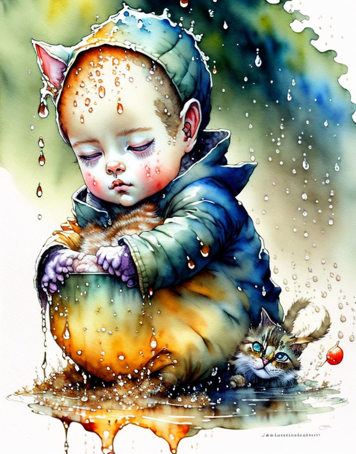 Child hugging orange fish in rain with kitten and red ball