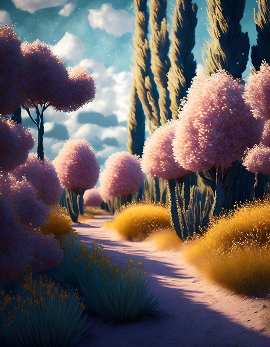 Pink treetops and golden grass in twilight landscape.