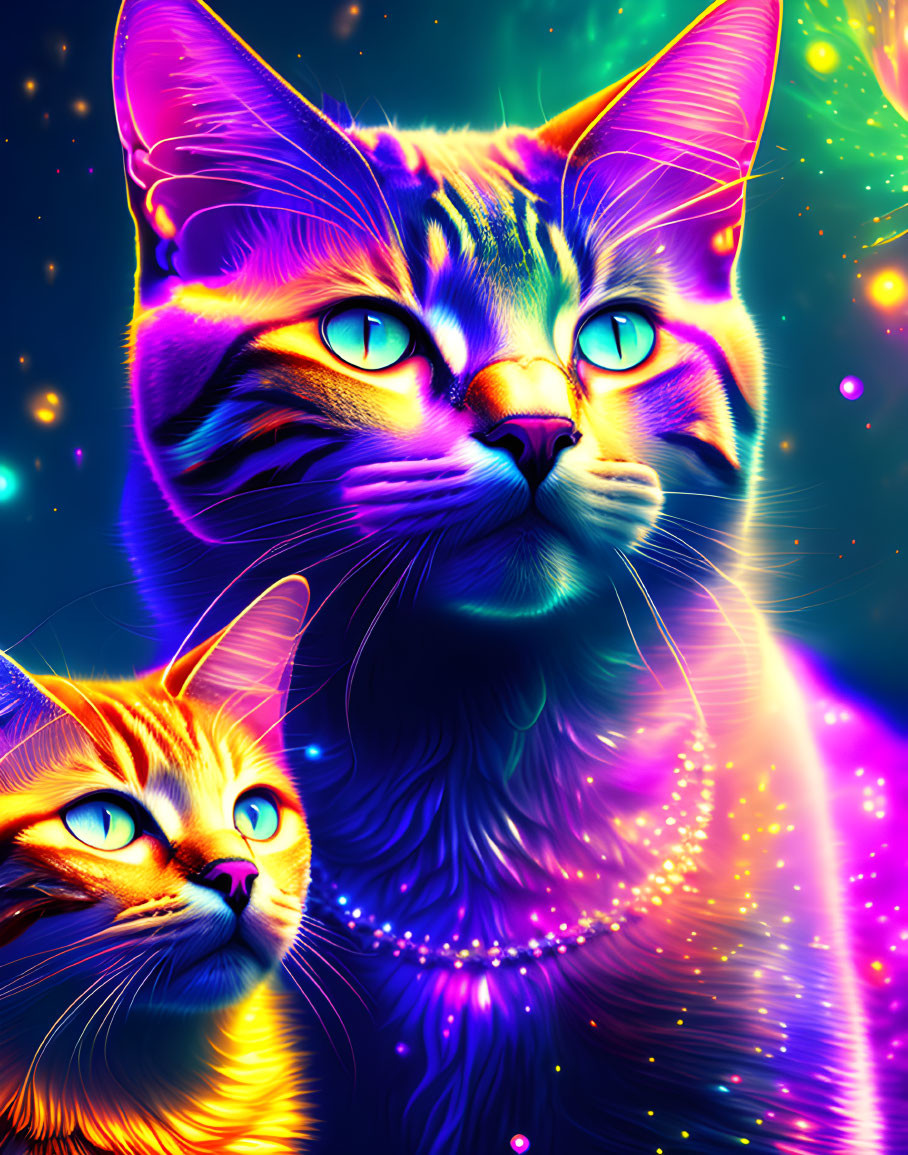 Colorful Digital Art: Two Cats with Neon Fur on Cosmic Background