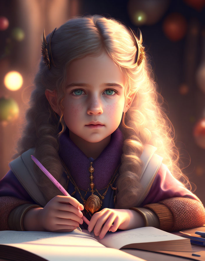 Young girl with elfin features writing in warm light with glowing orbs