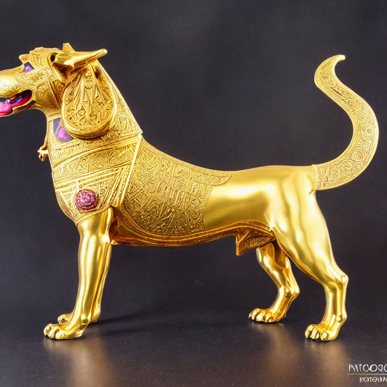 Golden Dog Figurine with Purple Gemstones on Black Background