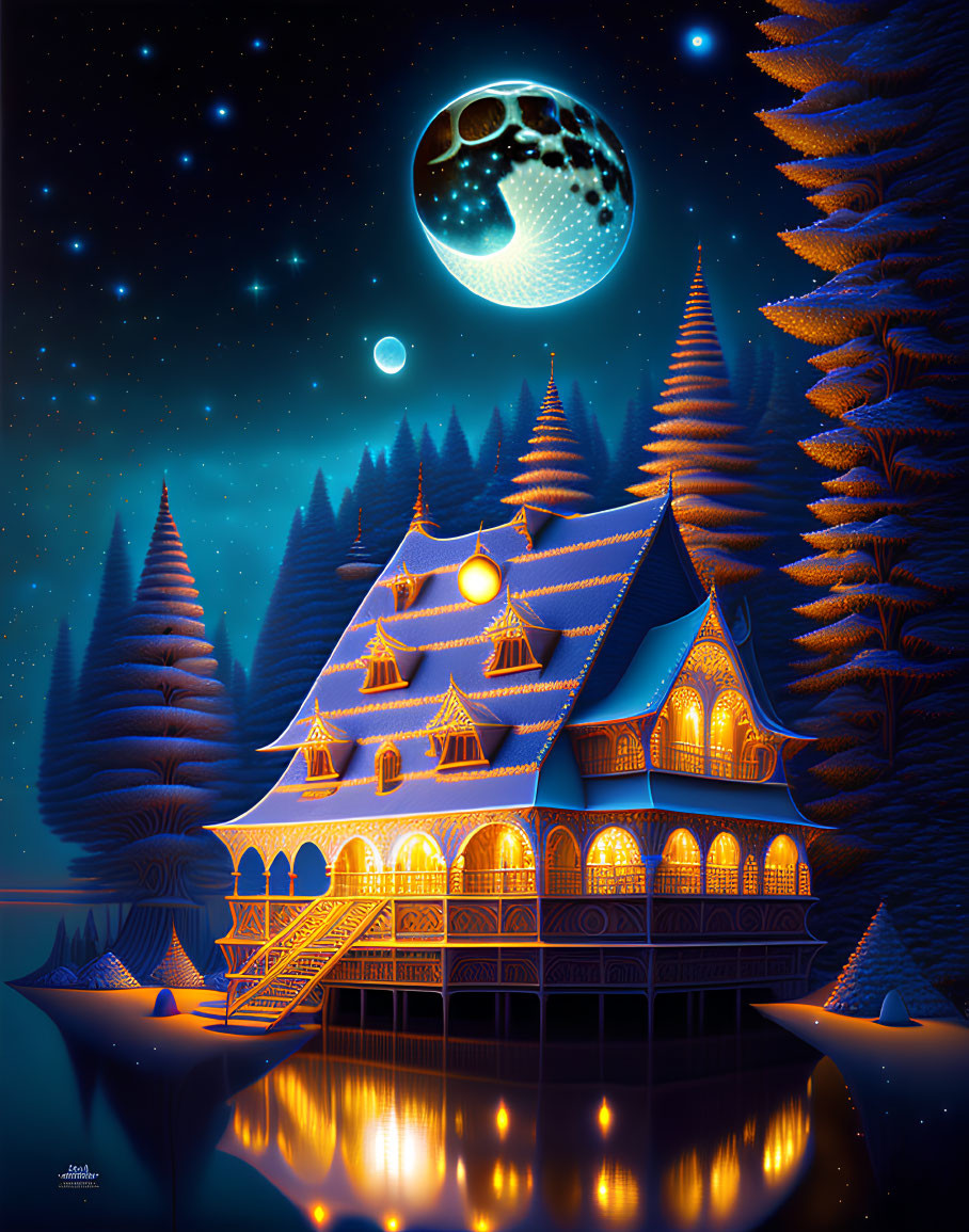 Glowing blue Victorian house in starry night scene