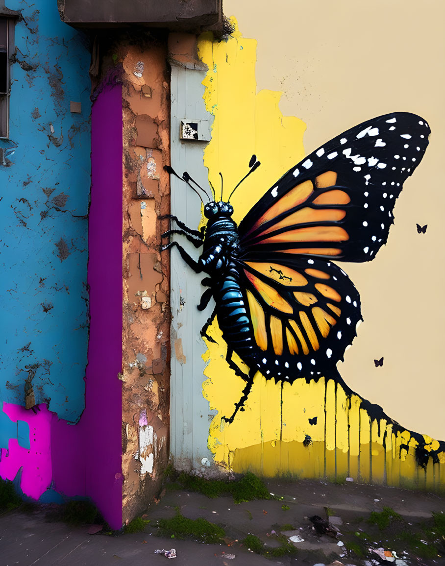 Colorful Butterfly Graffiti on Weathered Wall