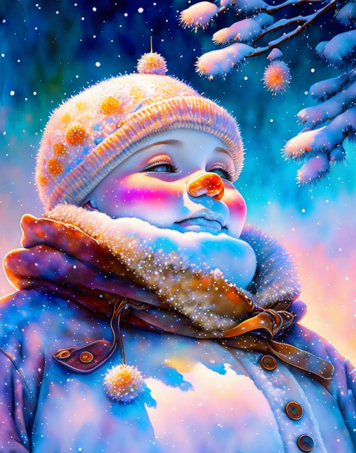 Child in winter attire with red nose and snowflakes on snowy backdrop