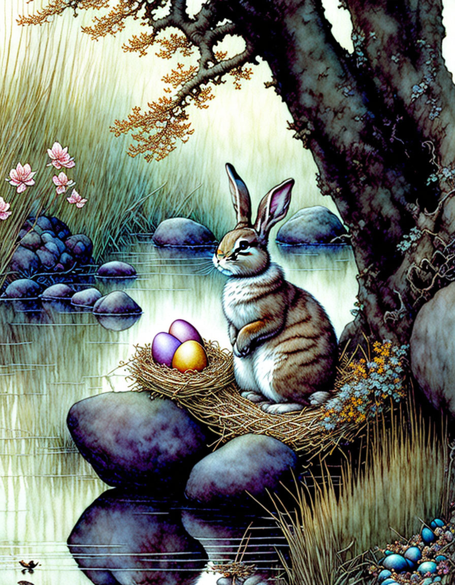 Colorful Easter eggs nest beside rabbit in nature scene