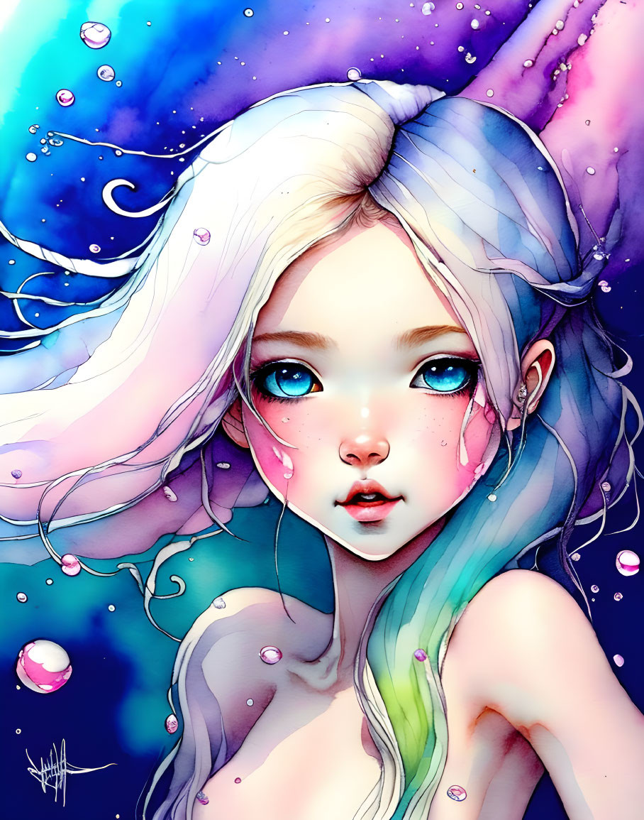 Colorful Watercolor Illustration of Young Female with Multicolored Hair and Blue Eyes