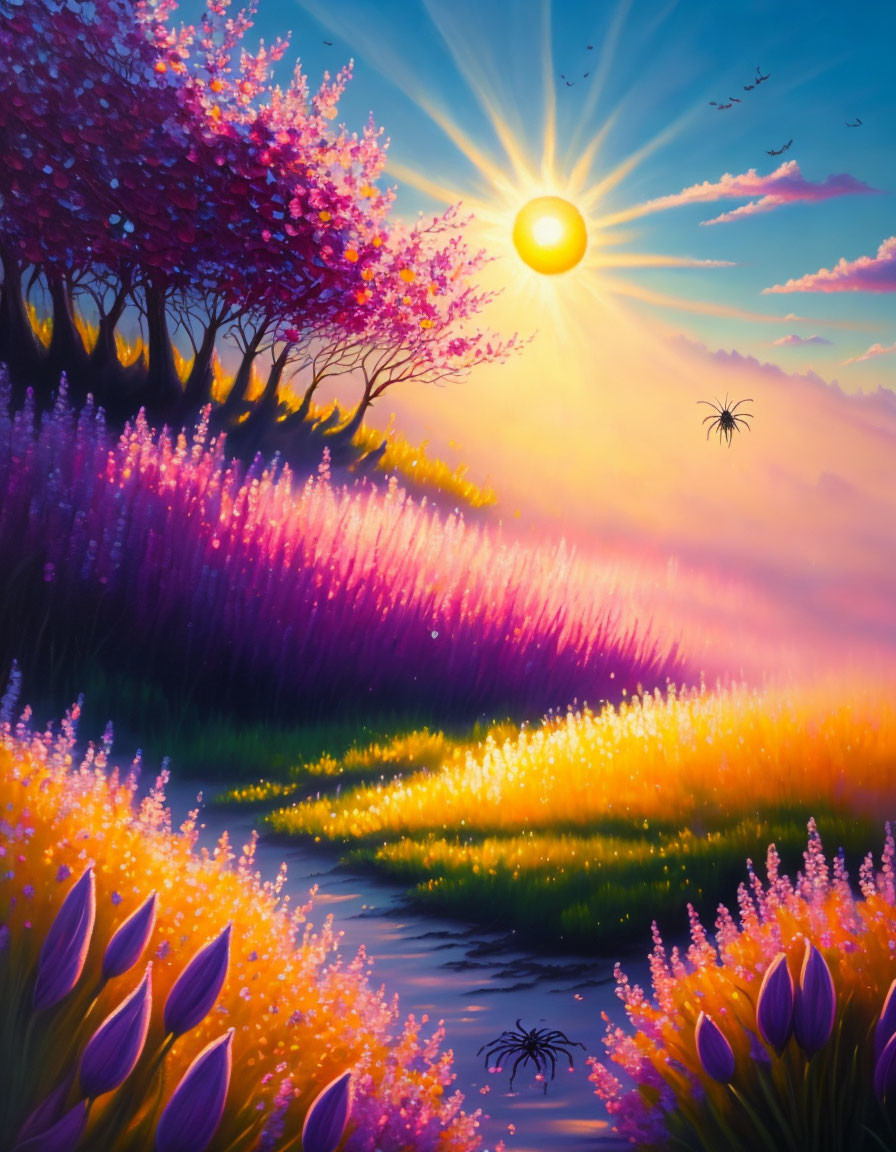 Colorful sunset painting: purple flowers, pink tree, descending spiders