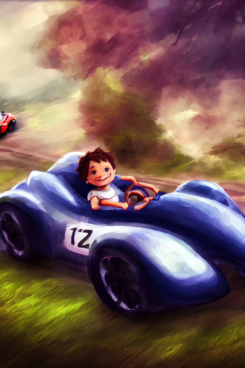 Child driving blue toy race car with number 12, racing outdoors.