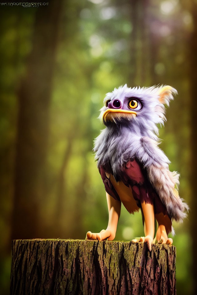 Purple-eyed, feathered creature on stump in forest.