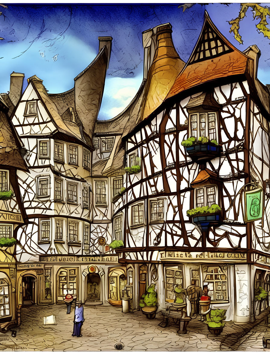 Quaint European Street Scene with Half-Timbered Buildings