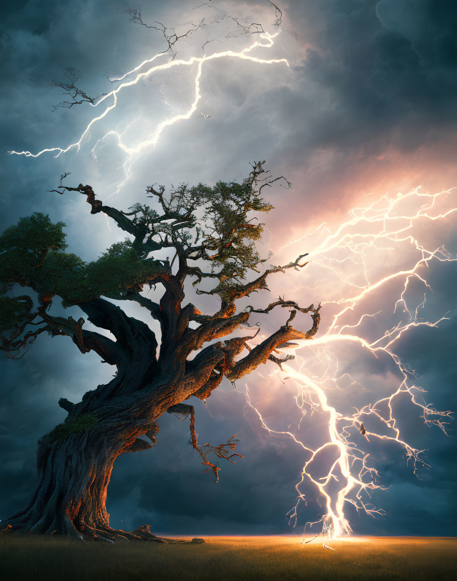 Gnarled tree under stormy sky with lightning bolts