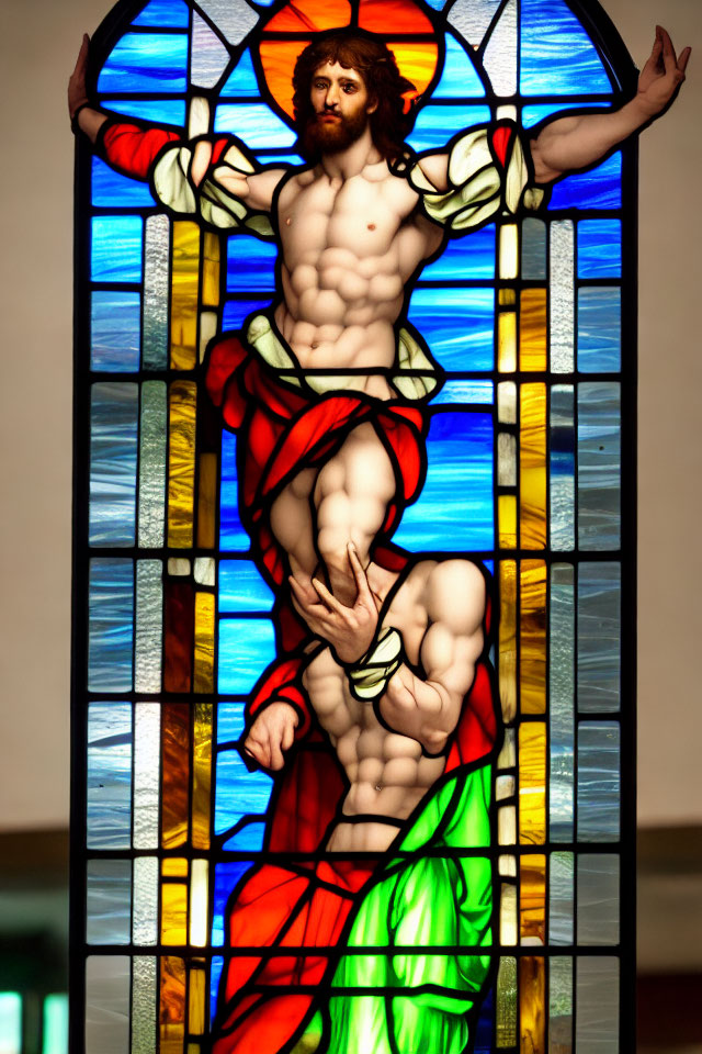 Colorful Stained Glass Window with Figure and Halo