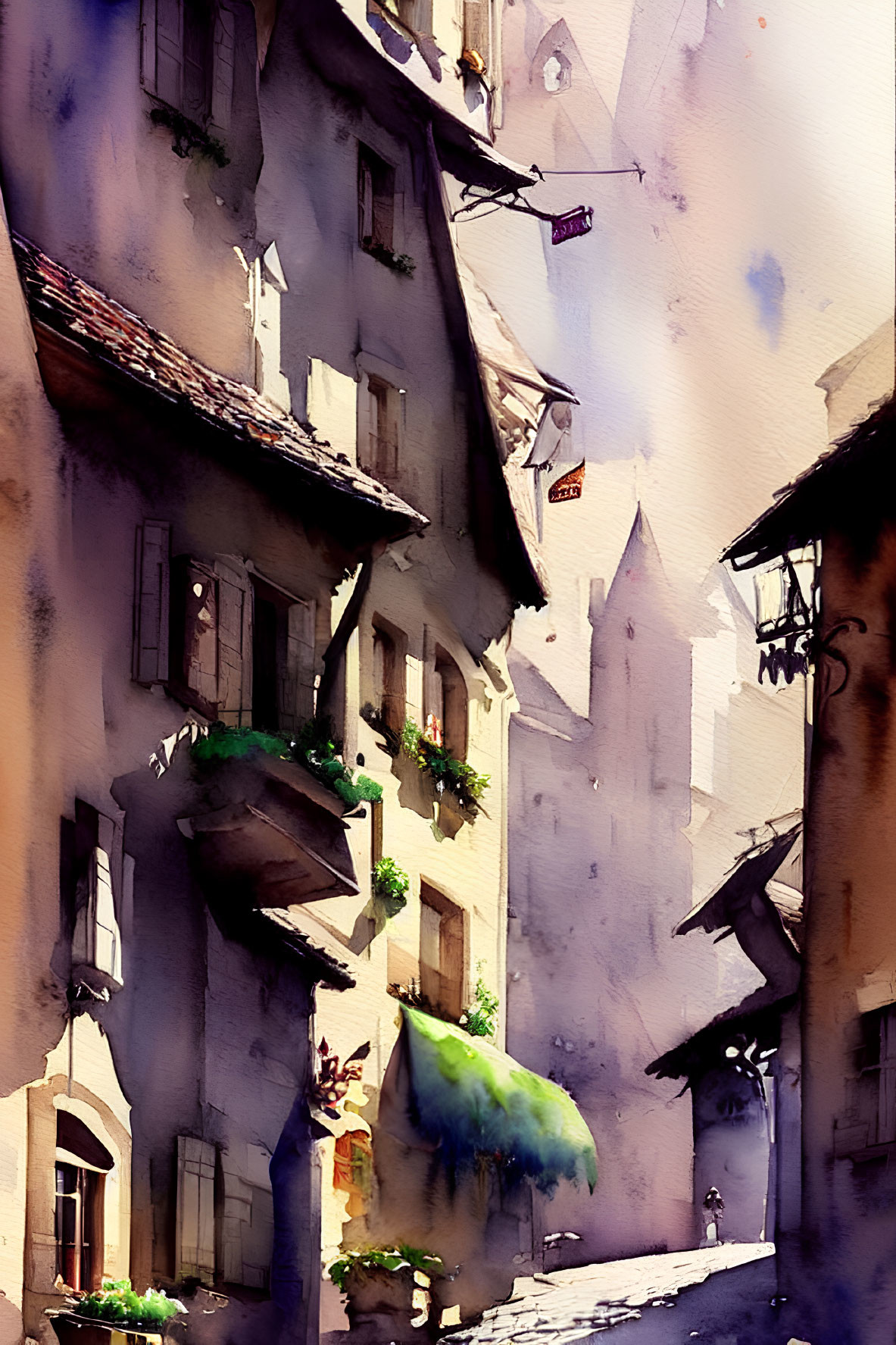 European alley watercolor painting: traditional buildings with shadows