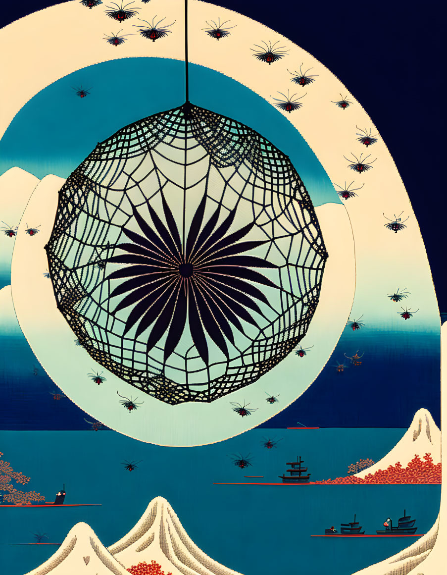 Dreamcatcher and Japanese landscape merge in moonlit scene