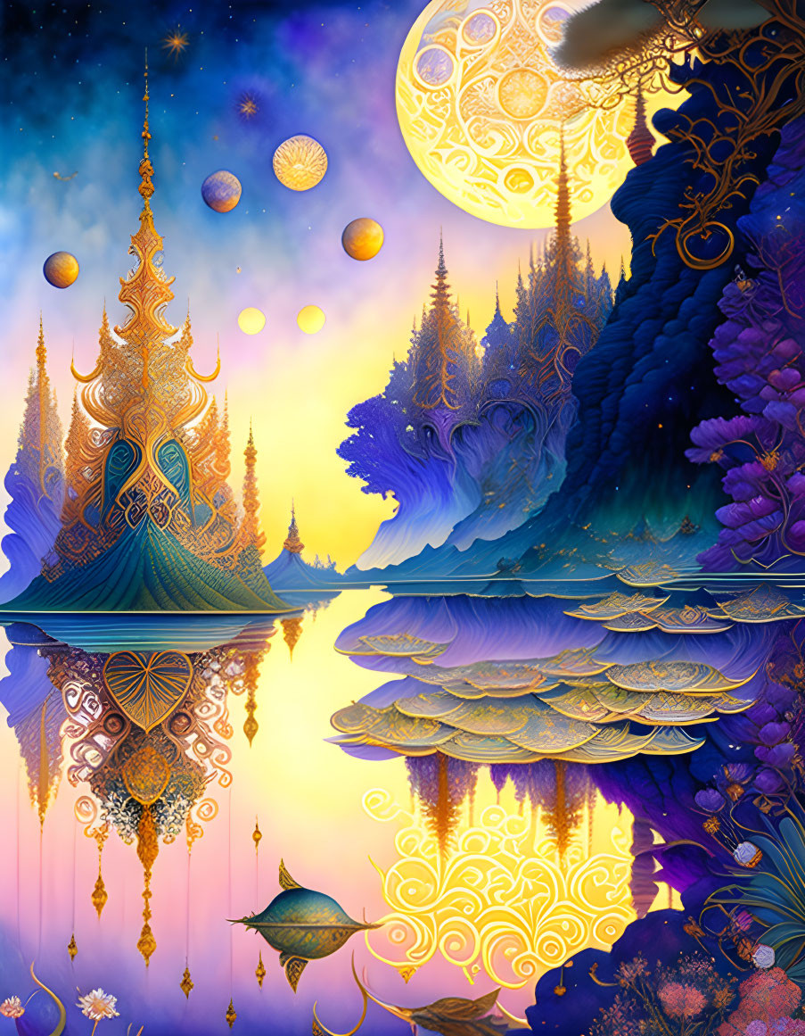 Fantasy landscape with golden temple, celestial bodies, lush trees, aquatic life in vivid blues and pur