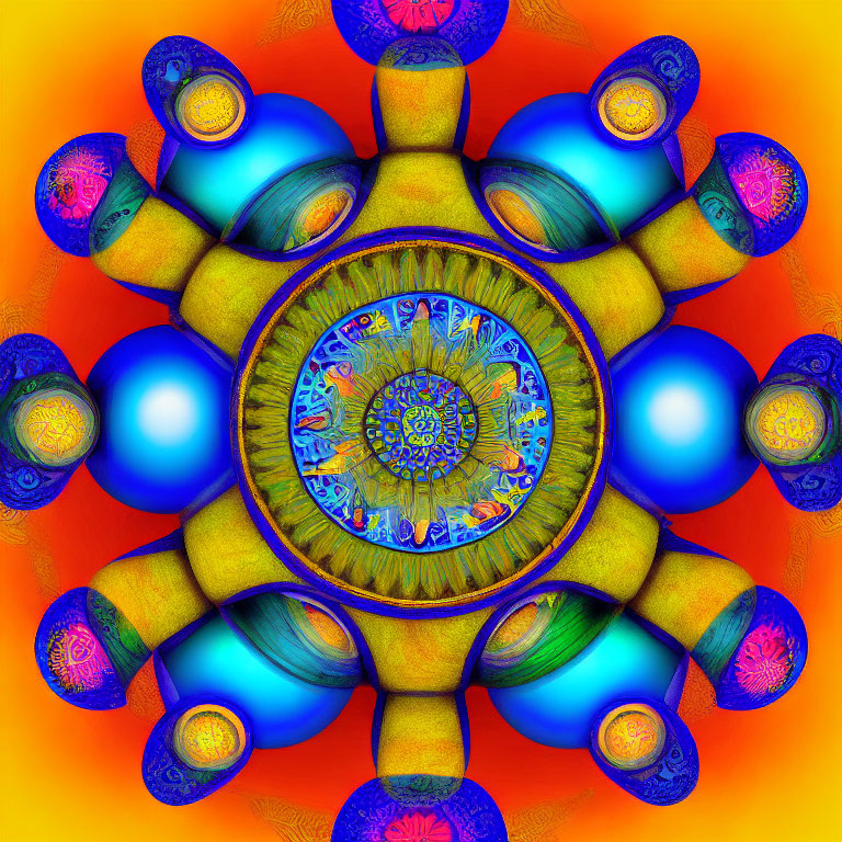 Symmetrical fractal image with circular pattern and colorful shapes