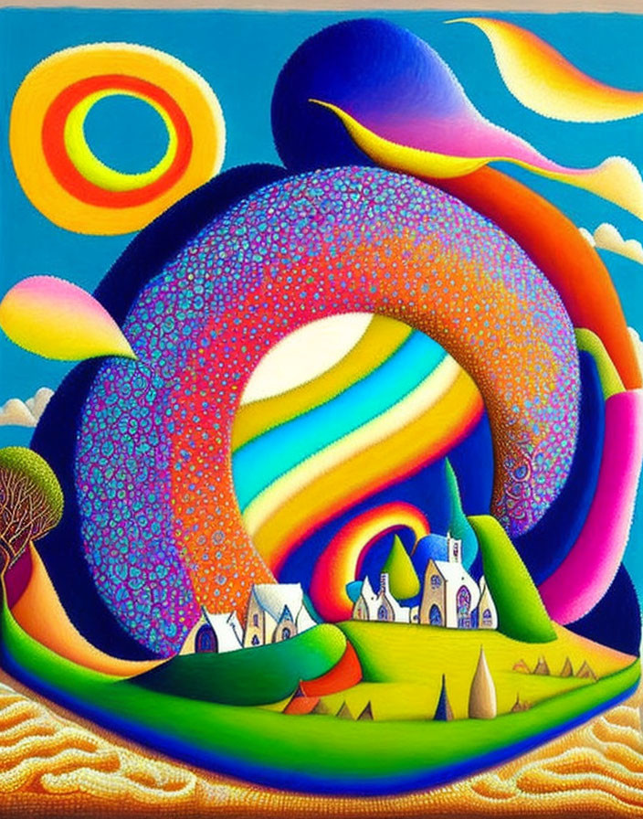 Colorful Rainbow Painting with Whimsical Houses & Trees