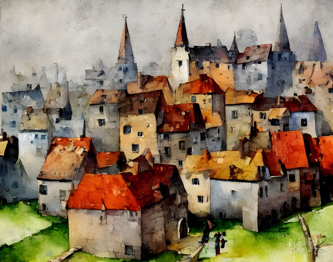 Medieval village watercolor painting with stone houses and cloudy sky