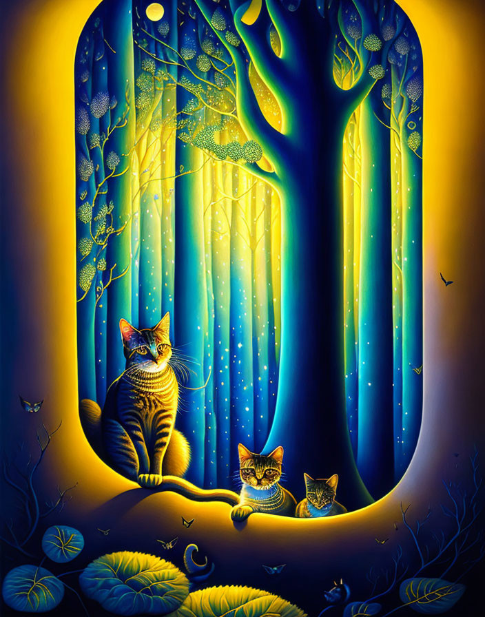 Illustration of two cats under glowing blue tree in magical setting