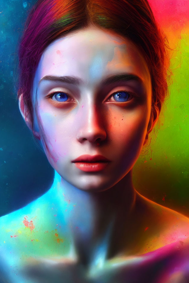 Portrait of Woman with Striking Blue Eyes and Neon Lights Palette