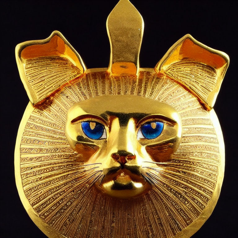 Gold Cat Pendant with Blue Gemstone Eyes & Egyptian Engravings