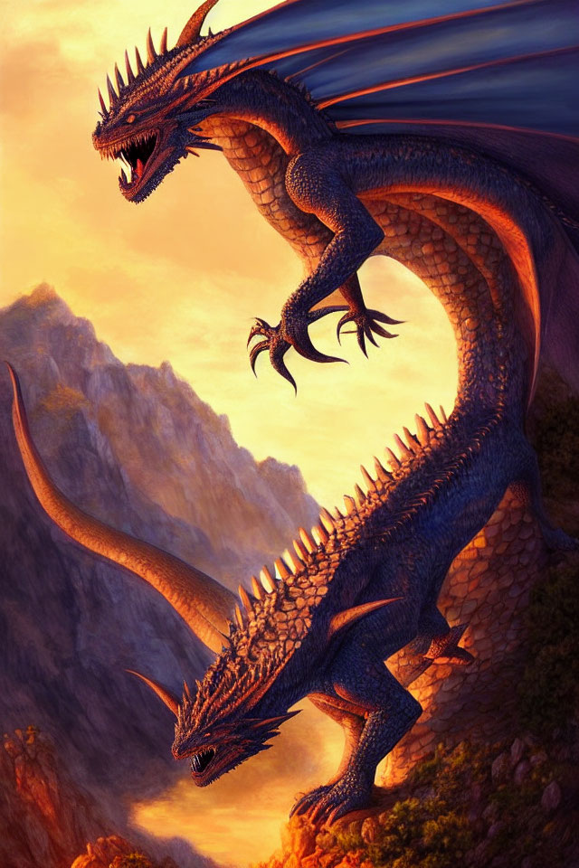 Blue Dragon Perched on Rocky Terrain at Sunset with Horns, Scales, and Wings