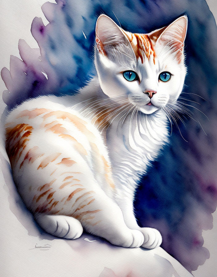 White and Orange Cat with Blue Eyes in Watercolor Illustration