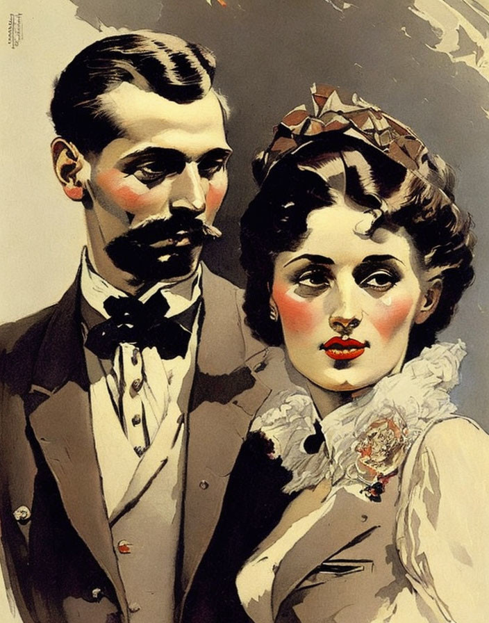 Vintage Illustration of Elegant Couple in Bow Tie and Tiara