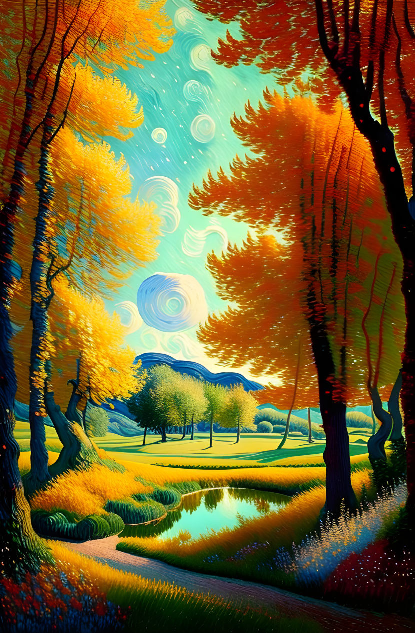 Stylized landscape with swirling skies and autumnal trees in vivid oranges