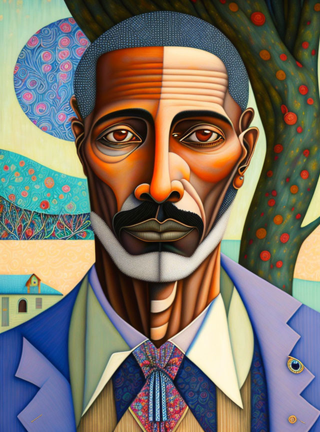 Colorful Stylized Portrait of Man with Geometric Patterns in Abstract Landscape