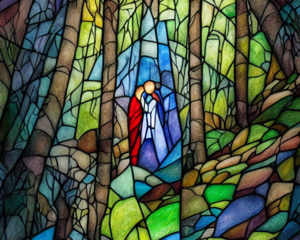 Serene forest scene with cloaked figure in stained glass