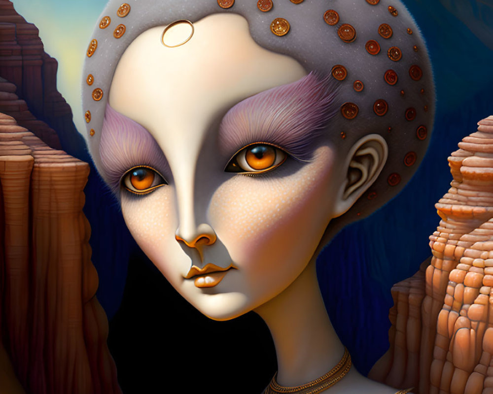 Surreal portrait of female figure with bald head, purple eyes, canyon landscape, butterfly.