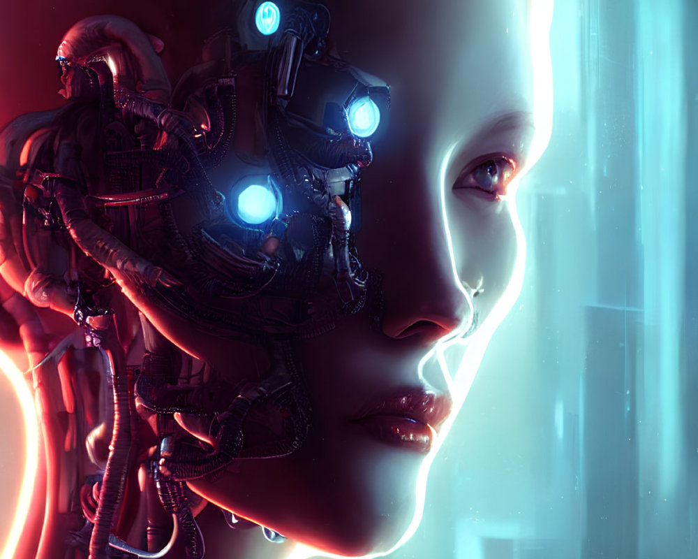 Detailed humanoid robot with glowing blue eyes and intricate wiring on neon-lit background