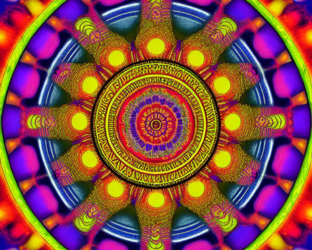 Colorful symmetrical mandala with star-like center in neon hues