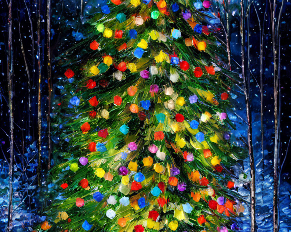 Vibrantly Decorated Christmas Tree in Snowy Forest