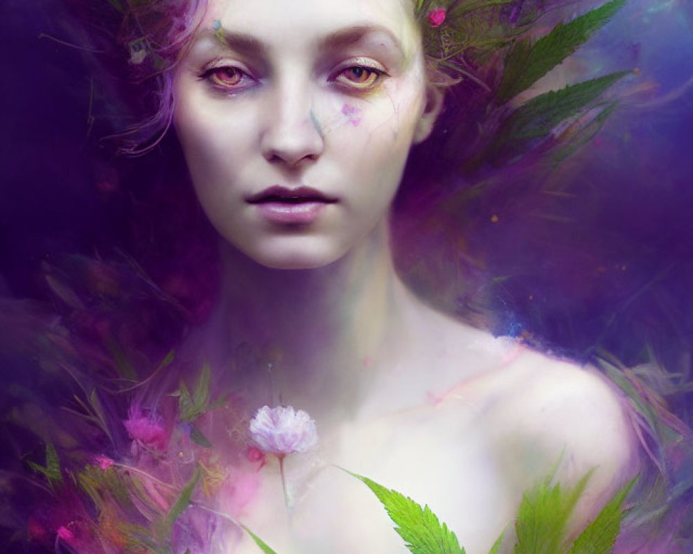 Ethereal makeup portrait with floral crown on purple backdrop