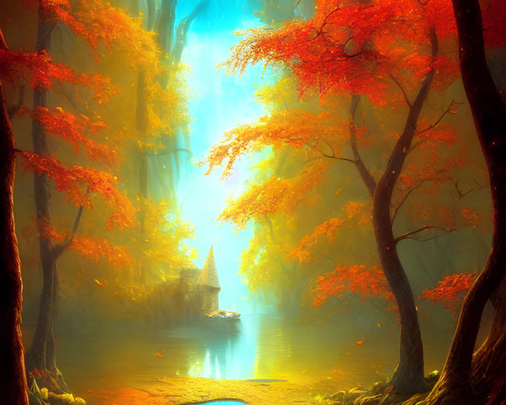 Vibrant autumn forest with blue stream, waterfall, and distant castle