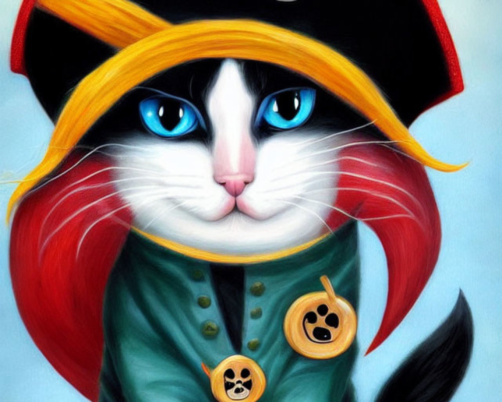 Colorful Cat Pirate Illustration with Hat, Eye Patch, & Green Coat