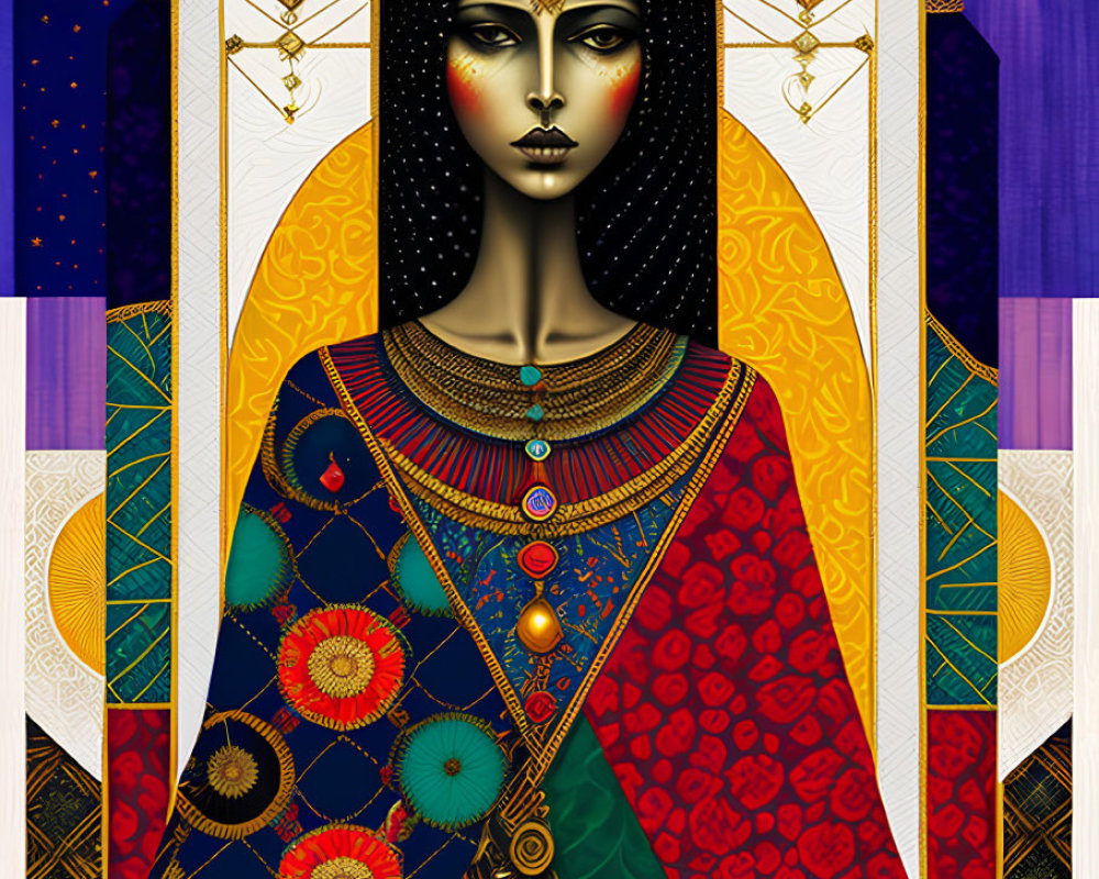 Stylized woman with geometric patterns in night sky art