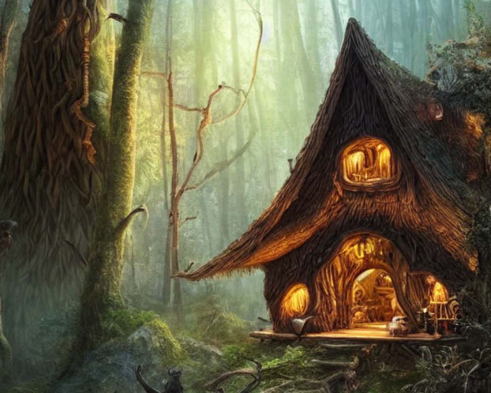 Enchanting forest scene with cozy cottage and mystical creatures