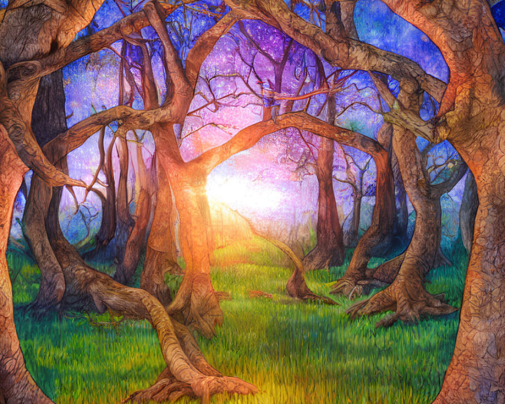 Vibrant mystical forest with twisted trunks in warm purple glow