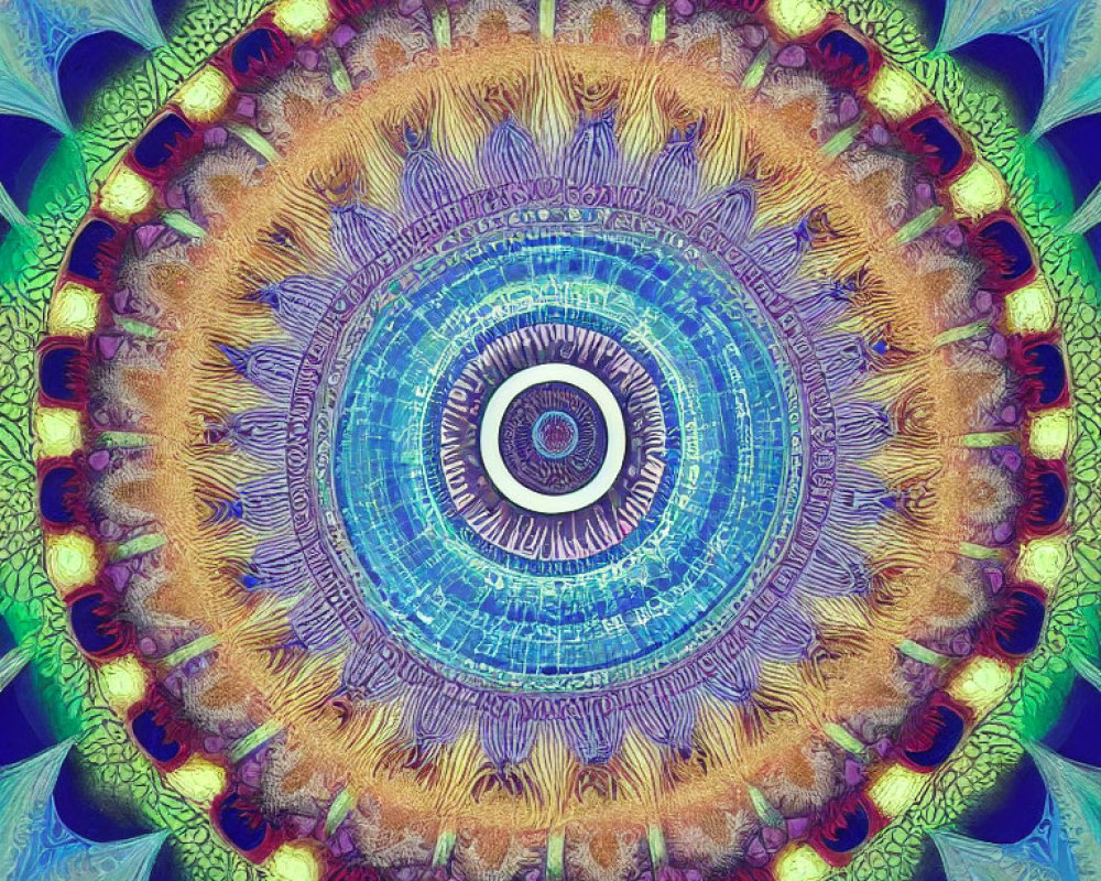 Symmetrical blue, purple, and gold mandala with circular motif