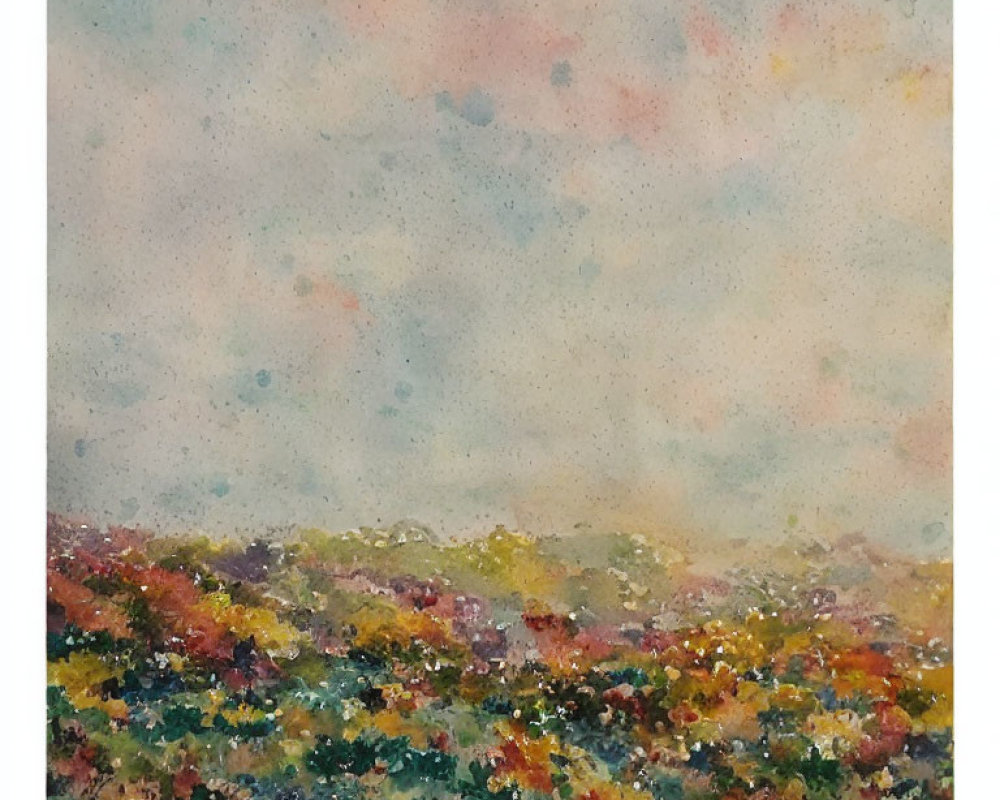 Colorful Watercolor Painting of Flower Field Under Pastel Sky