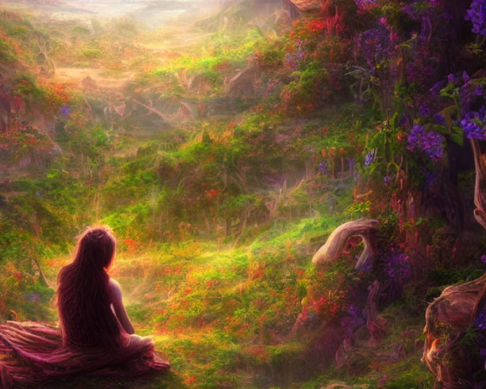 Person sitting on log in mystical forest at dusk with purple sky and flora.