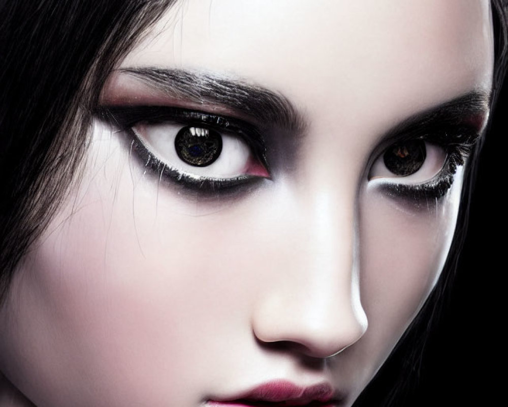 Detailed close-up of woman's dramatic makeup and high-contrast lighting