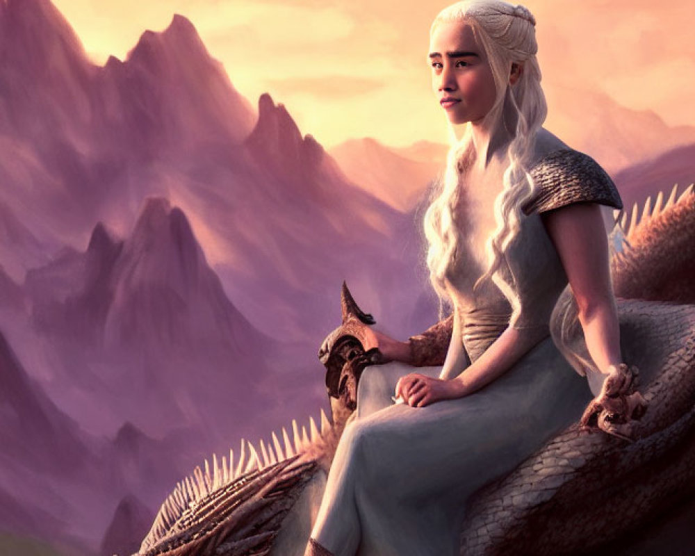 White-haired woman on dragon in sunset mountain landscape